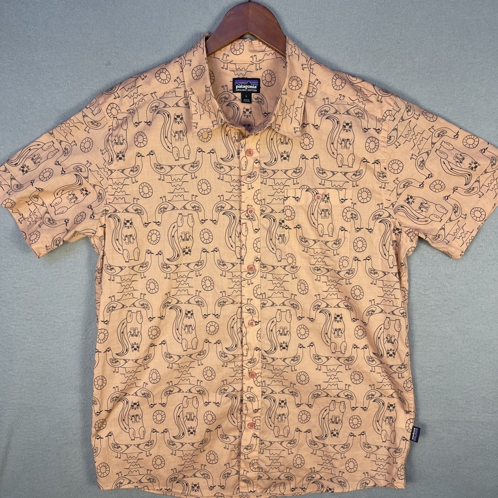Patagonia Malihini Shirt Mens Large Peach Squirrel Seagull Print Organic Cotton